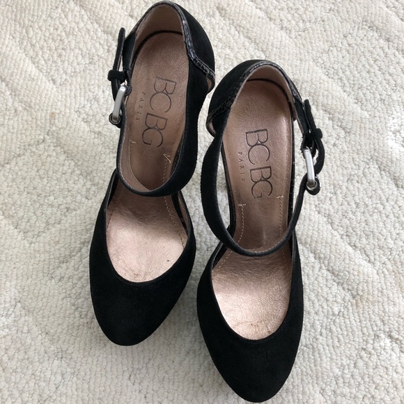 BCBG Shoes - {BCBG} Black Suede Ankle Strap Platform Heels